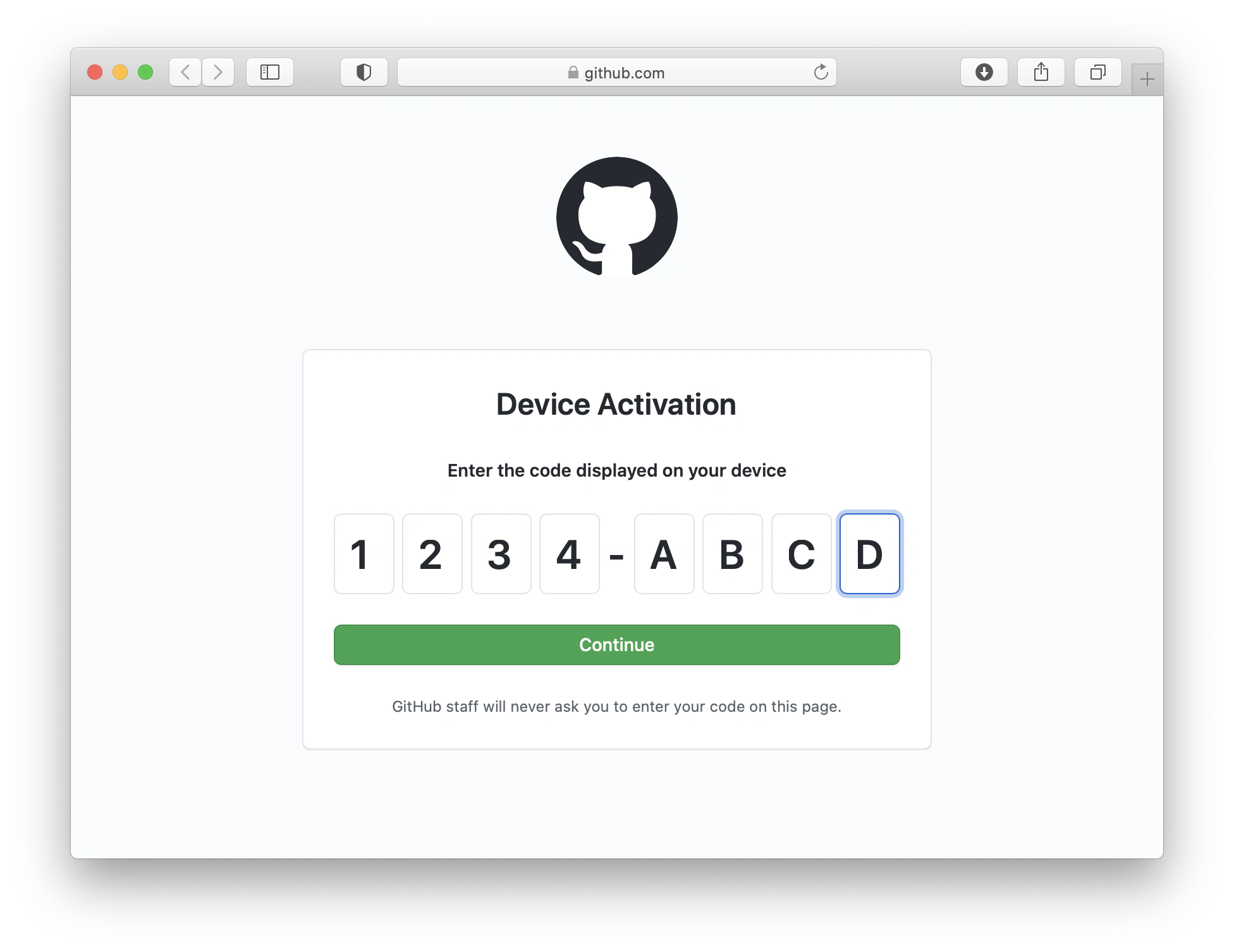 Screenshot of GitHubs device code auth screen